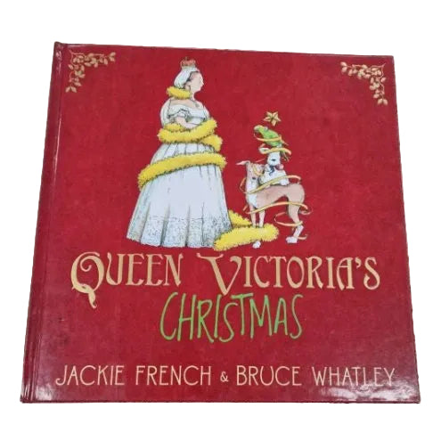 Book Cover. Two dogs and a parrot, one on top of the other, stand in front of Queen Victoria who is wrapped in tinsel.