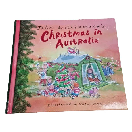 Book cover. A family gathers around a Christmas tree in front of a tent.