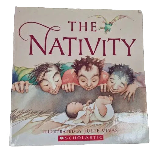 Book cover. Three people gaze lovingly at a baby in a manger while an angel flies off in the background.